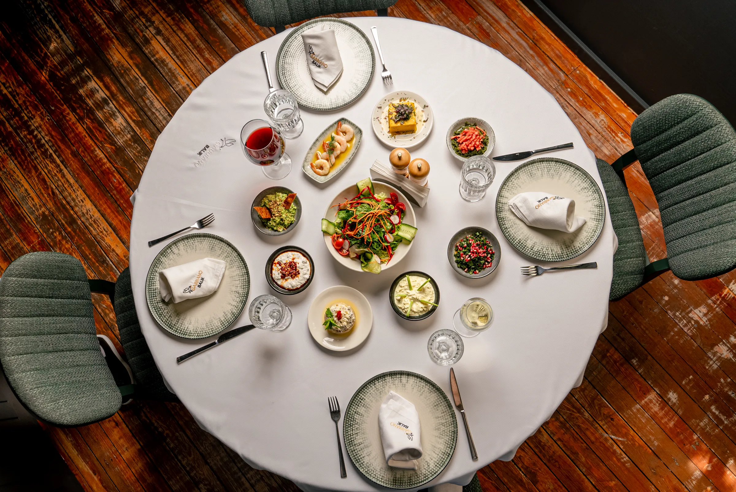 Yuvarlak masada meze düzeni — üstten